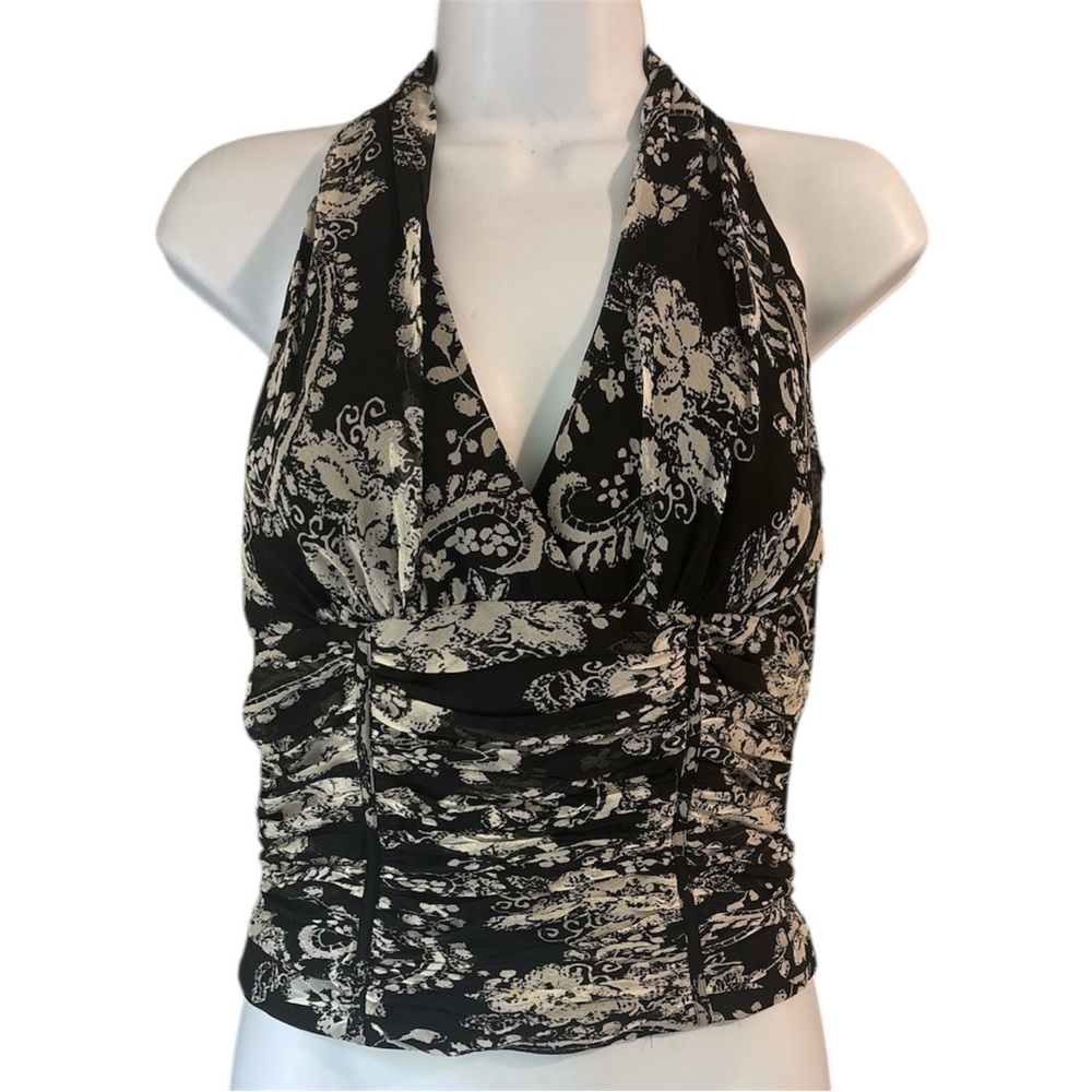 Carmen Marc Valvo Black and Ivory Ruched Silk Halter Top